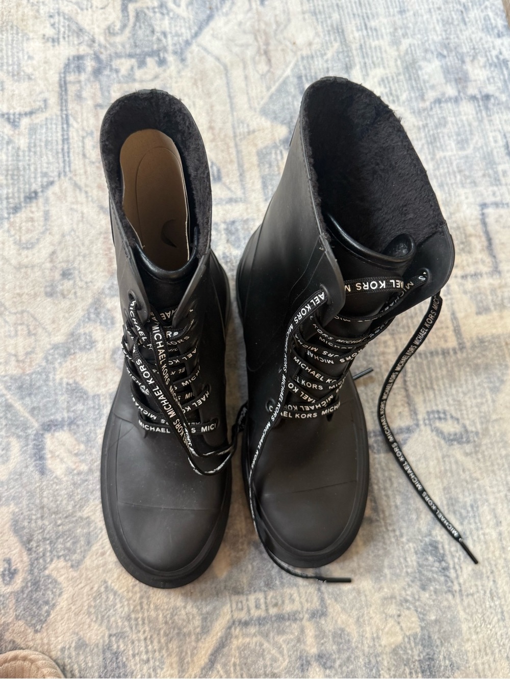Brand new, Never worn Michael Kors Black Lace-Up Rain Boot with Branded Laces